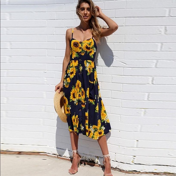 navy blue dress with sunflowers